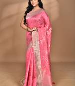 pink zari silk blend saree with blouse piece