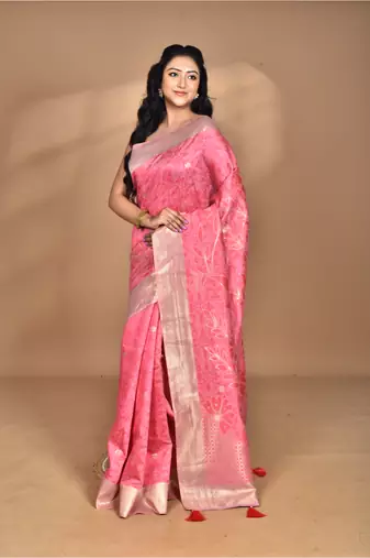 pink zari silk blend saree with blouse piece