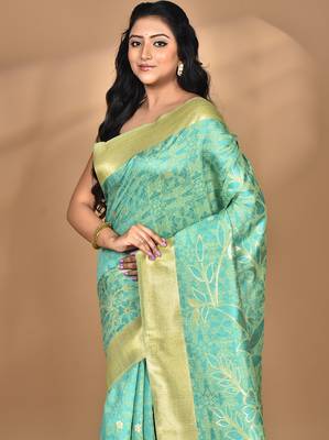 green zari silk blend saree with blouse piece 3