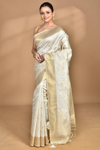 off white zari silk blend saree with blouse piece