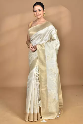 off white zari silk blend saree with blouse piece