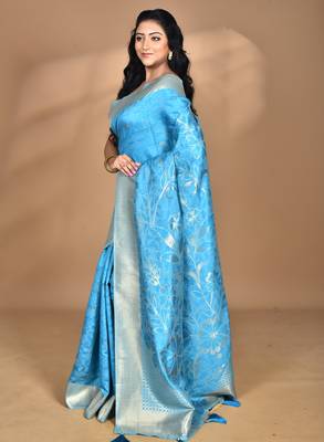 blue zari silk blend saree with blouse piece 1