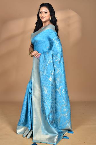 blue zari silk blend saree with blouse piece
