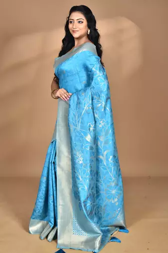 blue zari silk blend saree with blouse piece
