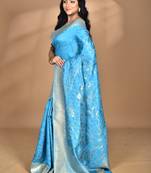 blue zari silk blend saree with blouse piece
