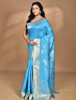 blue zari silk blend saree with blouse piece 2