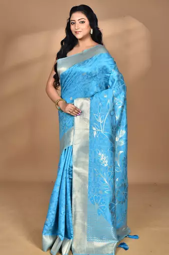 blue zari silk blend saree with blouse piece