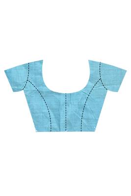 blue zari silk blend saree with blouse piece 3