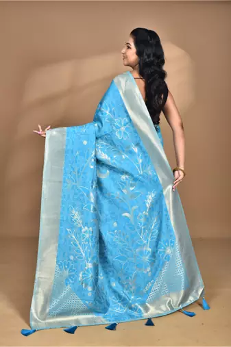 blue zari silk blend saree with blouse piece