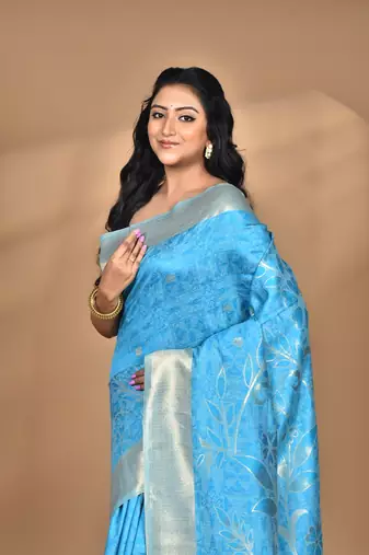 blue zari silk blend saree with blouse piece