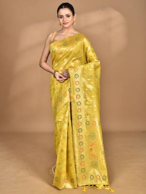 yellow banarasi silk blend chanderi saree with blouse piece 1