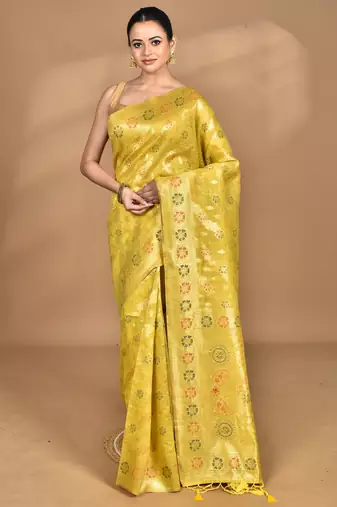 yellow banarasi silk blend chanderi saree with blouse piece