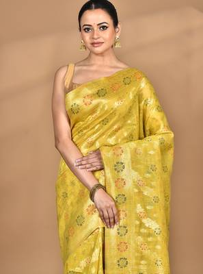 yellow banarasi silk blend chanderi saree with blouse piece 2