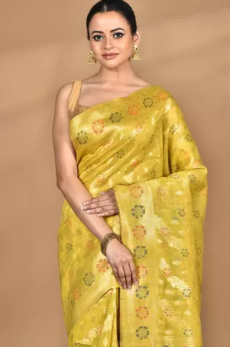 yellow banarasi silk blend chanderi saree with blouse piece
