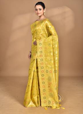 yellow banarasi silk blend chanderi saree with blouse piece 3