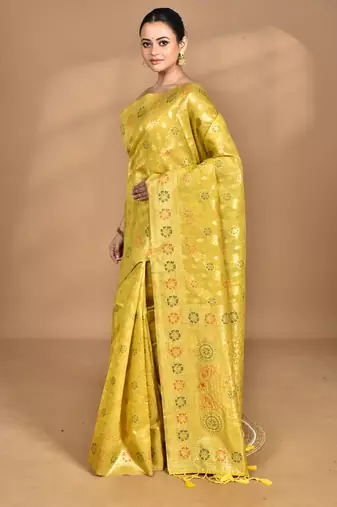 yellow banarasi silk blend chanderi saree with blouse piece