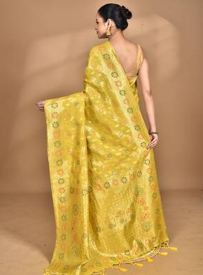 yellow banarasi silk blend chanderi saree with blouse piece 4