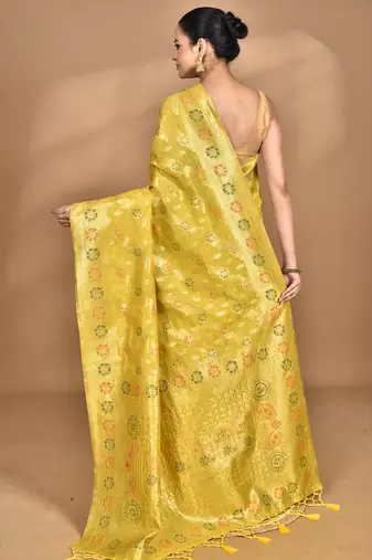 yellow banarasi silk blend chanderi saree with blouse piece