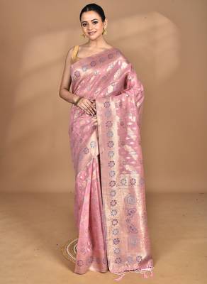pink banarasi silk blend chanderi saree with blouse piece 1