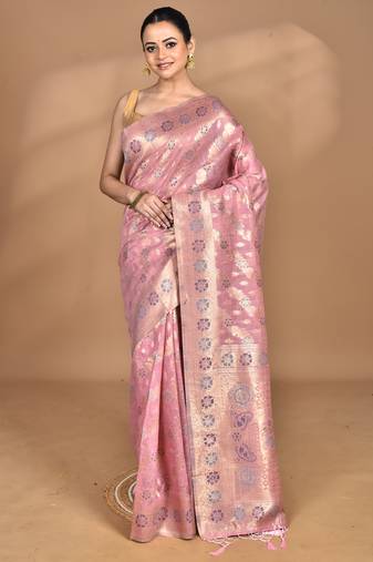 pink banarasi silk blend chanderi saree with blouse piece