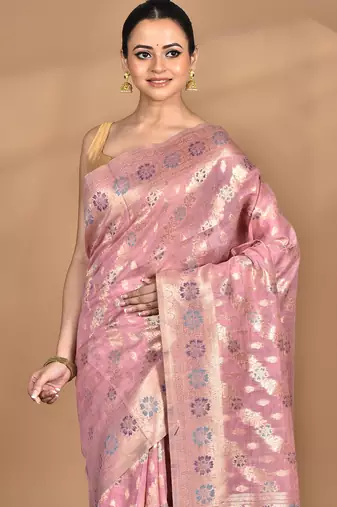 pink banarasi silk blend chanderi saree with blouse piece