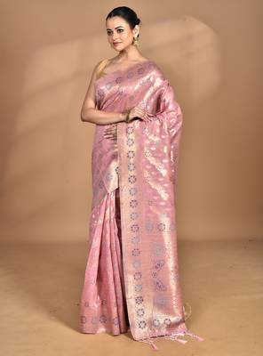 pink banarasi silk blend chanderi saree with blouse piece 3
