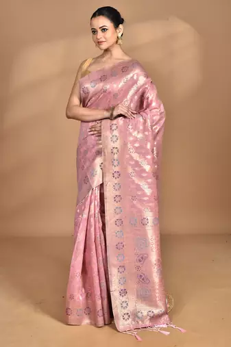 pink banarasi silk blend chanderi saree with blouse piece