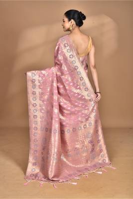 pink banarasi silk blend chanderi saree with blouse piece 4