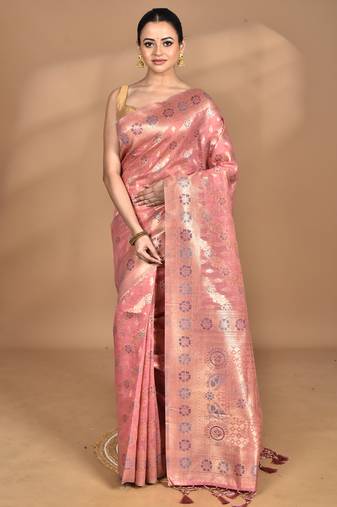 peach banarasi silk blend chanderi saree with blouse piece