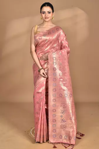 peach banarasi silk blend chanderi saree with blouse piece