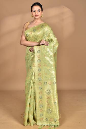 green banarasi silk blend chanderi saree with blouse piece