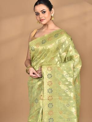 green banarasi silk blend chanderi saree with blouse piece 2