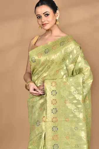 green banarasi silk blend chanderi saree with blouse piece
