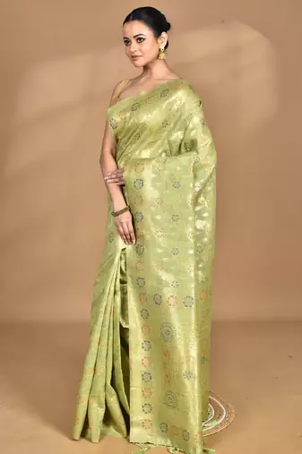 green banarasi silk blend chanderi saree with blouse piece