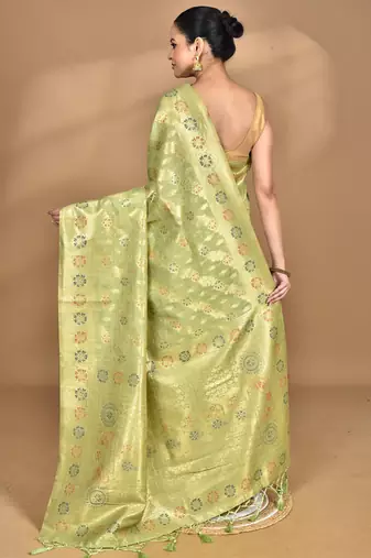 green banarasi silk blend chanderi saree with blouse piece