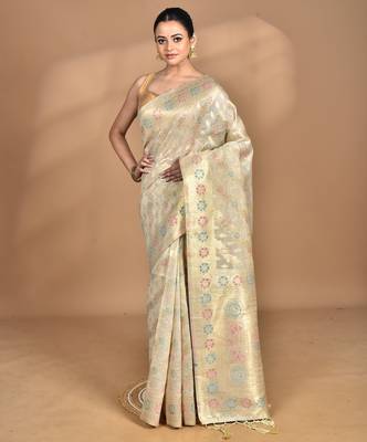 cream banarasi silk blend chanderi saree with blouse piece 1