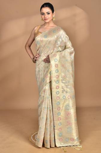 cream banarasi silk blend chanderi saree with blouse piece