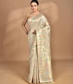 cream banarasi silk blend chanderi saree with blouse piece