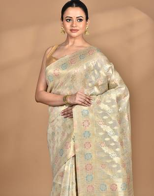 cream banarasi silk blend chanderi saree with blouse piece 2