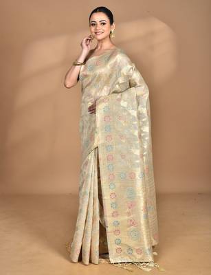 cream banarasi silk blend chanderi saree with blouse piece 3
