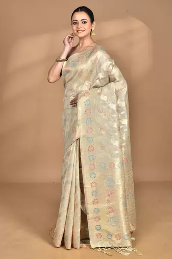 cream banarasi silk blend chanderi saree with blouse piece