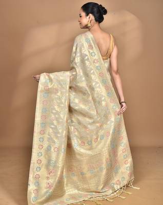 cream banarasi silk blend chanderi saree with blouse piece 4