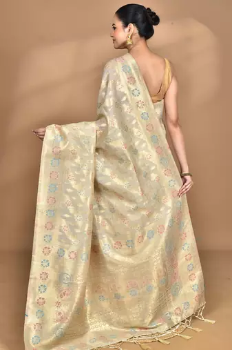 cream banarasi silk blend chanderi saree with blouse piece