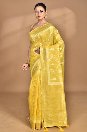 yellow banarasi silk blend chanderi saree with blouse piece