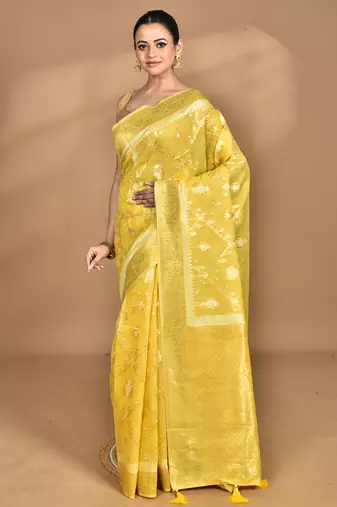 yellow banarasi silk blend chanderi saree with blouse piece