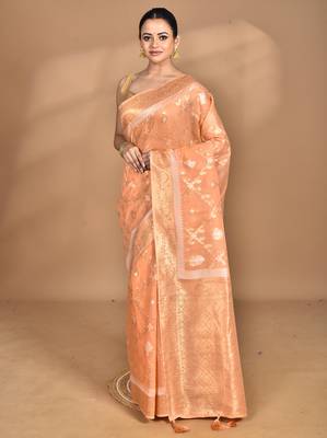 peach banarasi silk blend chanderi saree with blouse piece 1