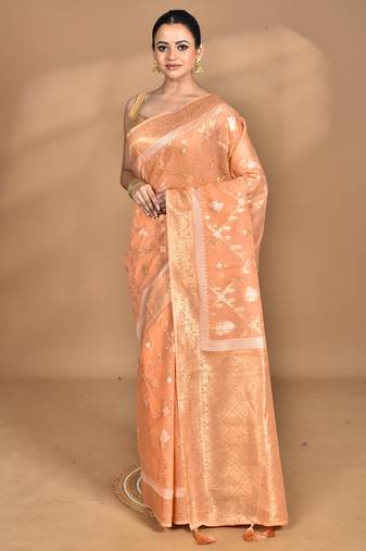 peach banarasi silk blend chanderi saree with blouse piece