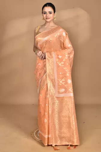 peach banarasi silk blend chanderi saree with blouse piece