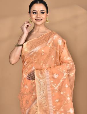 peach banarasi silk blend chanderi saree with blouse piece 2