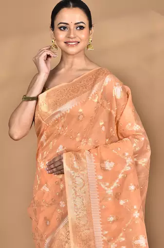 peach banarasi silk blend chanderi saree with blouse piece